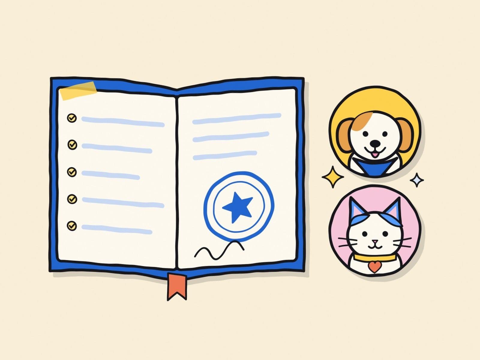 Ilustración: cuaderno abierto con un sello oficial azul y, a su lado, un perro y un gato dibujados en pegatinas redondas.