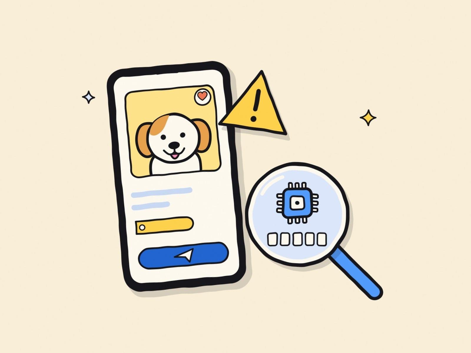 Ilustración: móvil con el anuncio de un cachorro y un triángulo de alerta; una lupa revisa el número de un microchip.