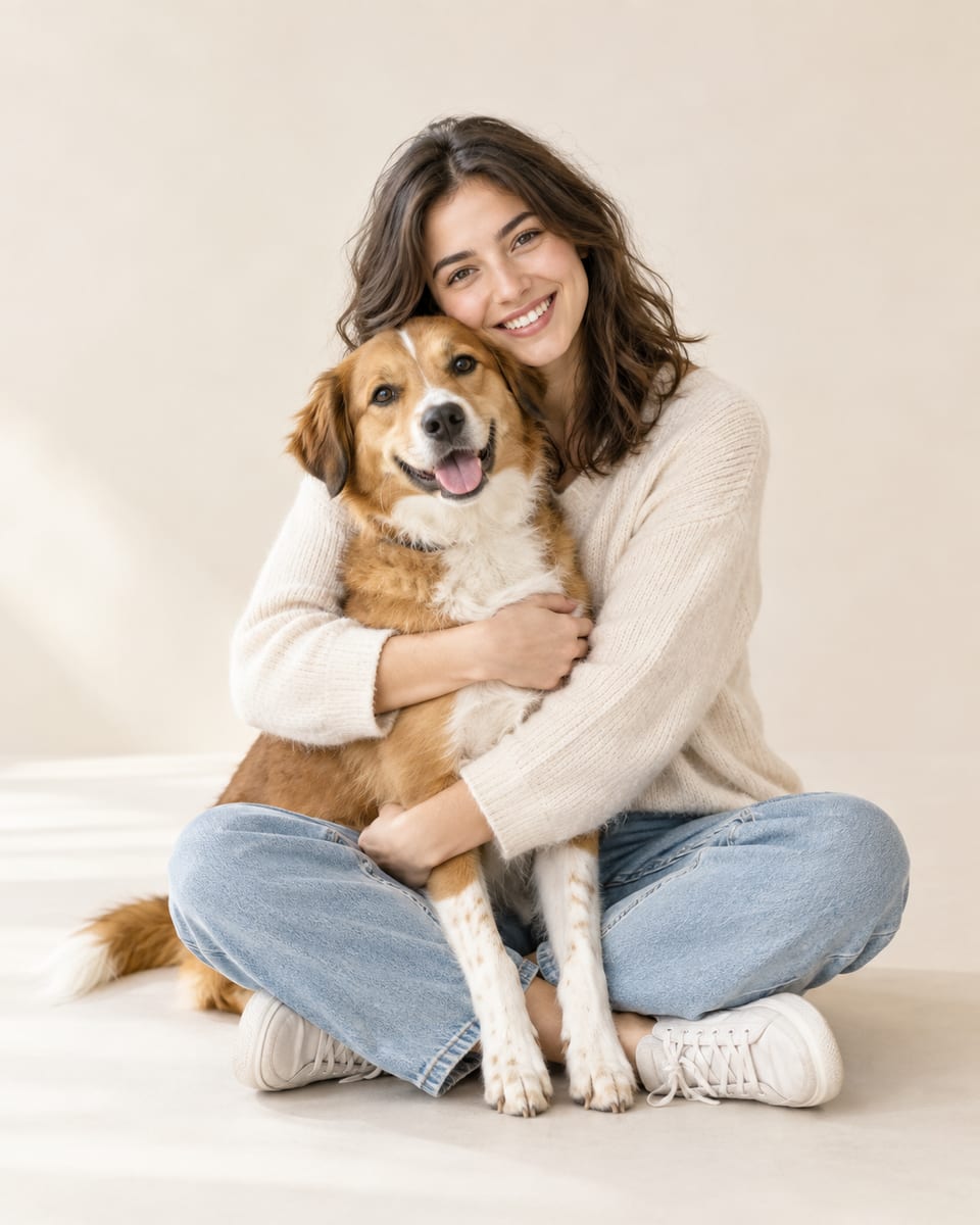 Una mujer abraza a su perro en un estudio de fondo claro